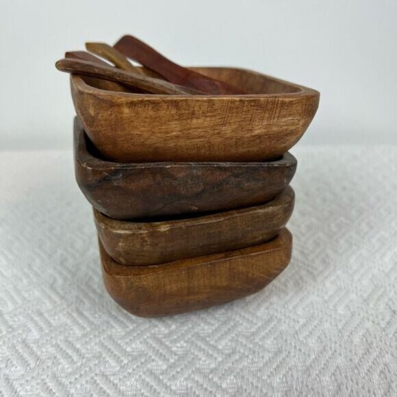 Vintage Antique 8 Piece Teak Wood Primordial Bowl and Spoon Sauce Serve Set - Picture 2 of 13